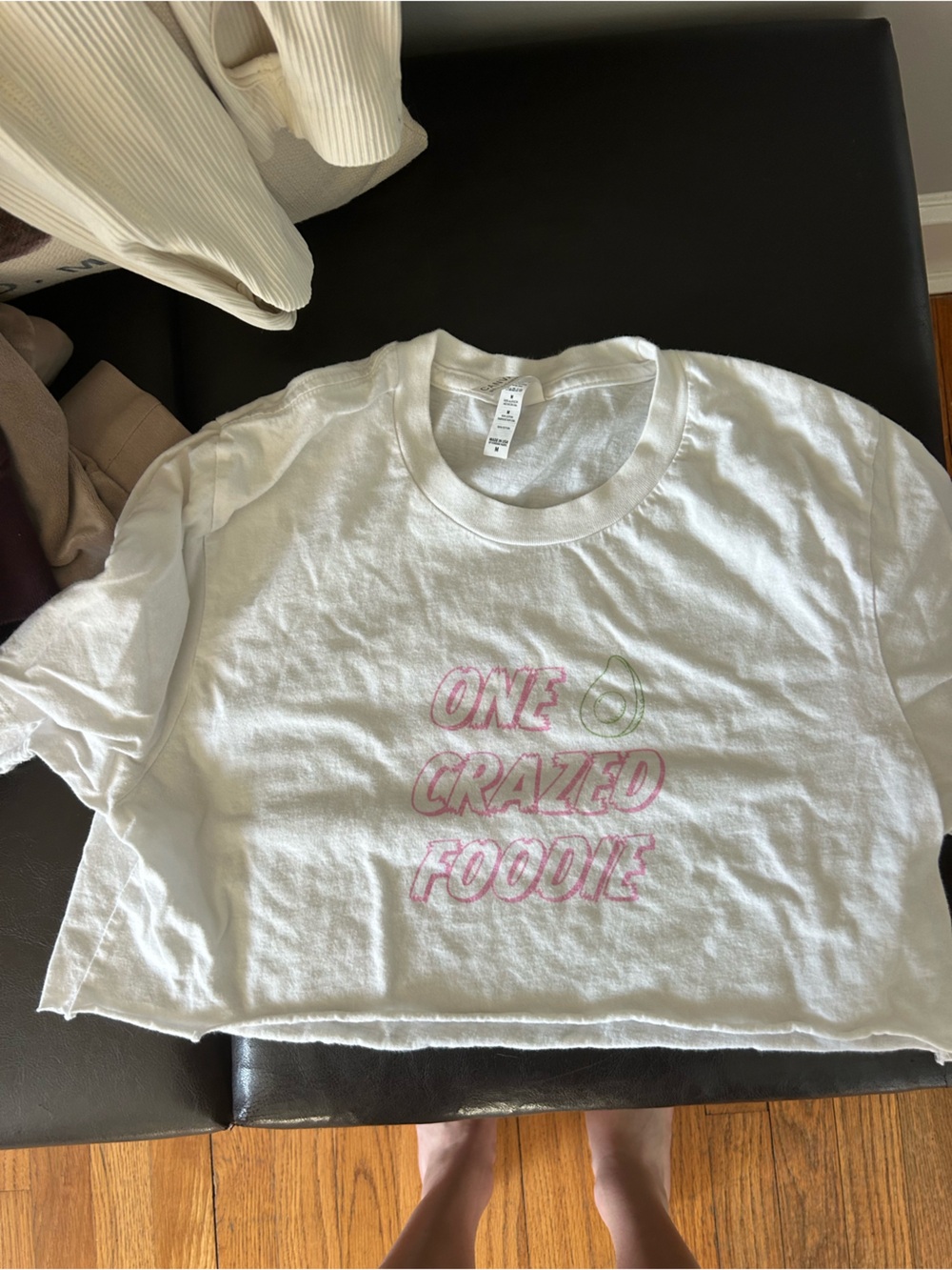 White "One Crazed Foodie" Crop Tee
